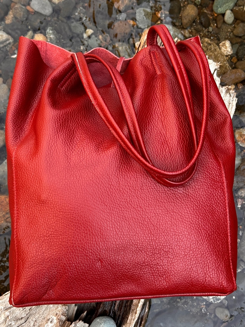 “Borse in Pelle” True Red Italian Pebbled Leather Slouchy Tote Made in Italy
